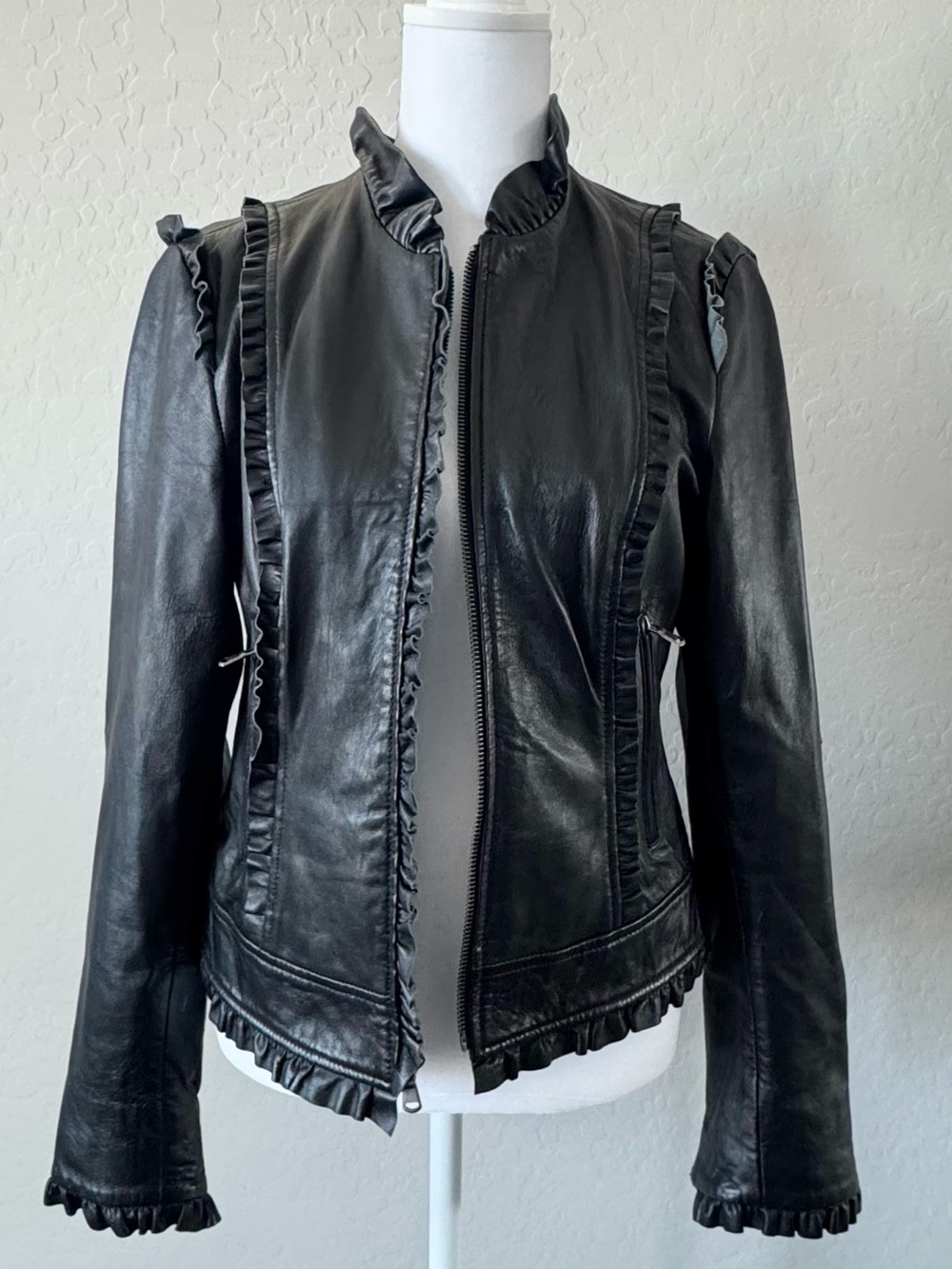 Kenna T Black Genuine Leather Ruffle Trim Jacket